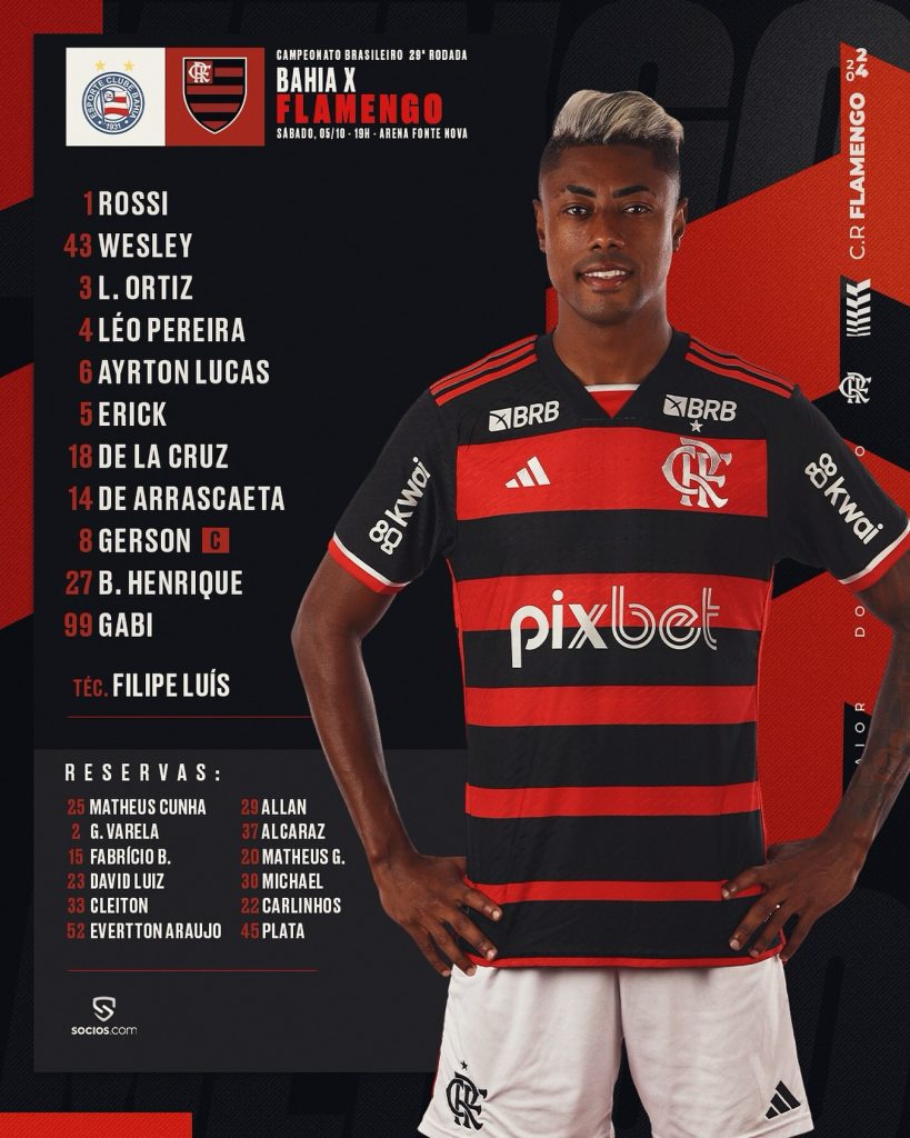 Flamengo escalado - Filipe Luís promove uma alteração para enfrentar o Bahia - veja o time