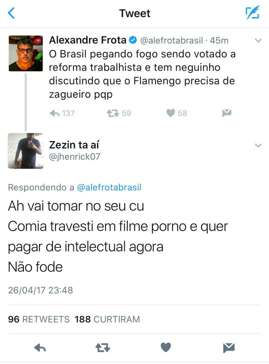 Frota critica torcida do Flamengo, leva invertida e apaga tweet. FlaResenha