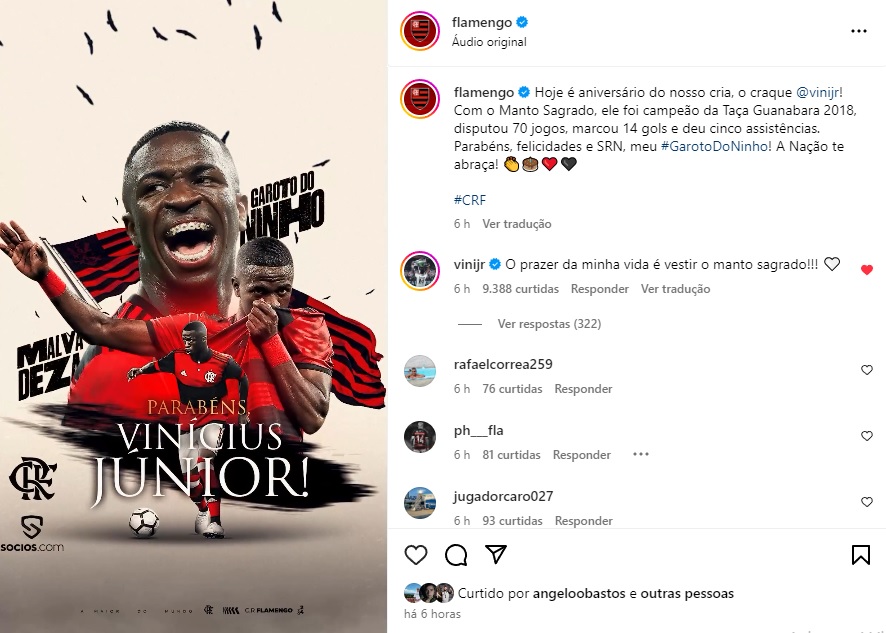 Vini Jr agradece mensagem de aniversário do Flamengo e manda recado de amor ao clube - veja