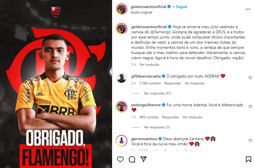 Goleiro Santos Se Despede Do Flamengo Nas Redes Sociais Um Dos Maiores Clubes Do Mundo 8342