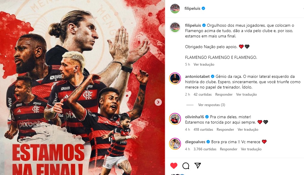 Filipe Luís se manifesta nas redes sociais após classificação: "Orgulhoso dos meus jogadores"