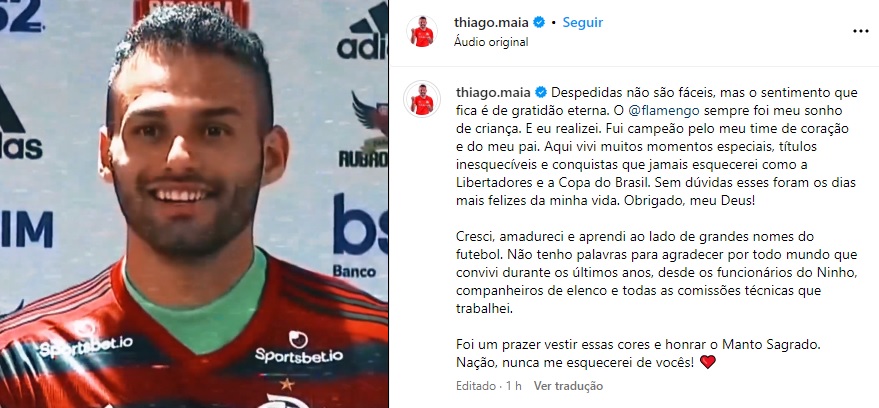 Thiago Maia publica vídeo de despedida do Flamengo: "Fui campeão pelo meu time de coração"